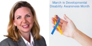 Headshot of attorney Barbara M. Brown next to March is Developmental Disability Month graphic with blue and yellow ribbon